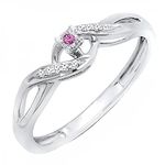 Sterling Silver Round Pink Sapphire & White Diamond Crossover Bridal Promise Engagement Ring (Size 7)