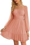 Wenrine Women's Mesh Long Sleeve Square Neck Dress High Waist A Line Ruffle Hem Flowy Casual Party Mini Dress Pink Orange