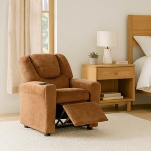 Naomi Home Suri Push Back Kids Recliner Chair with Footrest & Cup Holders, Push Back Toddler Recliner with Cup Holder, Microfiber Kids' Recliners for Age 3+, Kid Recliners for Girls Boys Brown