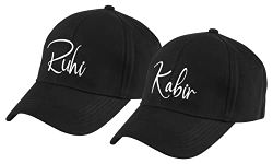 AICA Personalized Name Cotton Caps for Couples Men & Women– Black & Black, Adjustable Strap, Free Size (Pack of 2)