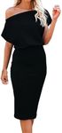 Dressmine Summer Dresses for Women Ribbed Short Sleeve Midi Dress Club Party 2025 Wrap Skirt Black Small