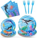 WERNNSAI Under the Sea Party Supplies - 64PCS Ocean Birthday Party Plates Napkins Forks for Kids Boys Sea Animal Party Supplies Disposable Tableware Set Underwater Party Decorations Serves 16 Guests