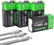 Quzmo 4-Pack Rechargeable 9V Batteries, 1300mAh 9 Volt Lithium-ion Long Lasting Power, USB-C Recharge with 2 in 1 Charging Cable for Smoke Alarms,Multimeters,Microphones,Walkie-Talkie,Toys