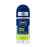 NIVEA Men Fresh Power Underarm Roll-On Deodorant|72 H Long Lasting Freshness|Fights Bacteria And Body Odour|Fresh Musk Fragrance|0% Alcohol|Dermatologically Approved & Paraben Free Formula|50Ml