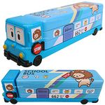 HIGH TRUSTED 2 In 1 Modern Cartoon Printed School Bus Shaped Pencil Compass Box With Wheels And Sharpener Metal Box Ideal For Kids And Childrens (Blue)