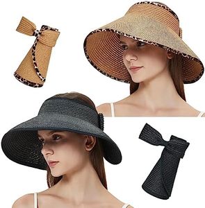 MAYLISACC 2 Pack Foldable Wide Brim Bow Visor for Women, UPF50+ Adjustable Ladies Beach Straw Sun Hats for Ponytail Black & Leopard Trim