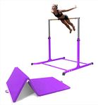 Expandable Gymnastics Training Kip Bar Height Adjustable 3 to 5 FT Horizontal Bar with HD Curved Legs Junior Gymnastic Cushioned Bar Asymmetric Bar with Purple 6 FT x 4 FT Tri Fold Tumble Mat (Purple)