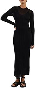 NUFIWI Women Crochet Knitted Long Sleeve Dress Hollow Backless Cover Up Long Dress Ruffle Beach Party Cover Up Dress, Knitted Black, Large