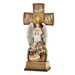 Beautiful Christmas 14" H Tabletop Nativity Cross. One Piece Nativity Set with Figures of The Holy Family and and Holy Spirit Angel and Detailed Carvings of Three Kings, Shepherds