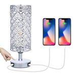 Touch Control Crystal Bedside Lamp with Dual USB Port 3-Way Dimmable Table Lamp with E27 Glitter Lampshade for Bedrooms (LED Bulb Included) (1 Pack, Silver)