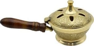Flickkerbox Pure Brass Charcoal Incense Burner, Loban Burner,Bakhoor Burner,Dhoop Dhuni, Sambrani Dhoop with Wooden Handle for Home, Offices & Temples