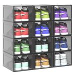 Primalite HEAVY-DUTY Shoe Crates Storage Box-12 Pack with DROP-FRONT Display Magnetic Door, THICKEN & STURDY HARD Plastic Stackable Rectangular Container SNEAKER Boxes| Fits Upto US: 13- BLACK