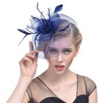 Y-box Women Fascinator Hat Vintage Flower Feather for Women Cocktail Fashion Fascinator Hats Wedding Party (Mesh, Navy Blue)