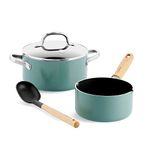 GreenPan Mayflower Healthy Ceramic Non-Stick 4-Piece Cookware Pots and Pans Set, Vintage Wood Handle, PFAS-Free, Induction, Smoky Blue, Blue