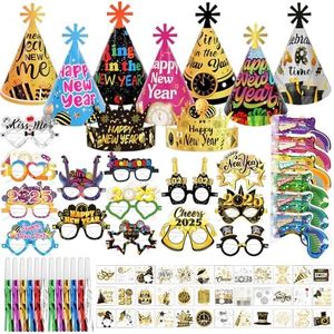 DPKOW 77pcs 2025 Nochevieja Cotillon Bolsas Multicolor, 2025 Fin de Año Fiesta Gafas Gorros Colorido Año Nuevo Tatuajes Cañon Confeti Silbatos para Fiesta Fin de Año 2025 Cotillon Accesorios Año Nuevo
