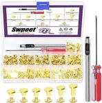 Swpeet 110 Set 6 Sizes M5 x 4mm/5mm/6mm/8mm/10mm/12mm Gold Leather Rivets Chicago Binding Screws with Install Tools Assortment Kit, Screw Rivets M5 Chicago Binding Screws for Repair Leather