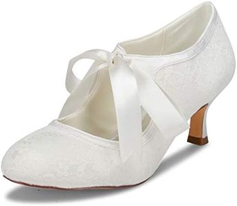 JIAJIA 140311 Women's Bridal Shoes Closed Toe Stiletto Heel Lace Satin Pumps Ribbon Tie Wedding Shoes Color Ivory,Size 7.5 B(M) US/38 EU