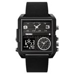 SKMEI Leather Men Square Watch, Led Backlight Large Screen Multi-Time Zone Men Watch, Waterproof Analog Men Digital Sports Watch - 2021, Black Dial, Black Band