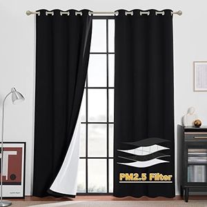 RYB HOME PM 2.5 Filter Curtains for Living Room, Noise Reduction Room Darkening Window Coverings Melt Blown Fabric Liner for Dust Sandstorms Smog Pollen Odor Filtering, Black, W52 x L84 inch, 2 Panels