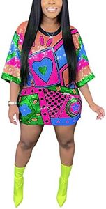 Fawjsais Sparkle Glitter Sequins Hip Hop Jazz Dancing T-Shirt Dress Plus Size Summer Mini Dress Rose Red L