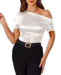 VIDUSSA Summer Tops for Women Trendy - Silk Satin Off Shoulder Short Sleeve Shirts Dressy Casual Ruched Blouses White Small