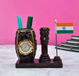 Ansh Outlet Handmade White Wood Stylish Pen Stand with Clock for Office and Study Table | Dark Brown Desk Organizer | Teachers Day Gift| Republic Day Gift | Pack of 1 (5 Inches)