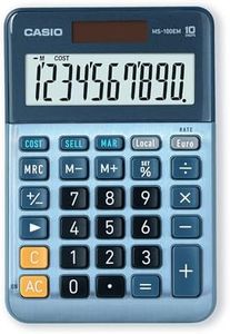 Casio MS100EM Calculatrice de Bureau à 10 Chiffres à énergie solaire/Batterie avec Calcul de Pourcentage avancé, Conversion de devises en euros Bleu