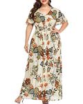 Women's Plus Size Floral Print Button Up Short Sleeve Split Flowy Beach Party Maxi Dress, Floral Beige, 18 Plus