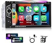 CAMECHO Double Din Car Stereo with CD/DVD Player Compatible with Apple CarPlay/Android Auto,AM/FM Radio, Bluetooth,USB, 6.2 Inch Touchscreen USB AUX SWC Subwoofer+AHD Camera&MIC