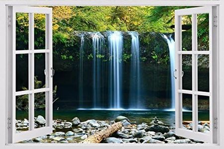 Huge 3D Vinyl Wall Decal Decal, White Window Frame Style Home Décor Art Removable Wall Decal, 33.5"x 45" (Waterfall Tree W101)