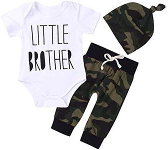 3Pcs Baby Boys Little Brother Camouflage Romper Tops+Pants Leggings+ Hat Outfits Set (White&Camouflage, 0-6m(Tag70))