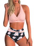 Adigaber Women's Two Piece Swimsuits Criss Cross Top Bikini High Waisted Bottom Tummy Control Bathing Suits Vintage Print Swimwear Pink