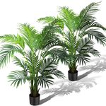 KOL 4ft 2-Pack Artificial Palm Tree Plant, 47in Fake Cane Areca Palm Silk Tree Indoor Outdoor,Dypsis Lutescens, Realistic Faux Silk Plants for for Office Home Garden Decoration, Lifelike Modern Decor