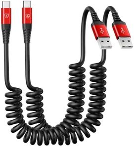 USB to USB C Cable Fast Charging 3ft, 2Pack Coiled USB C Charger Cable for Car, Android Auto USB Type C Charger Cord, USB-C Cable Compatible with iPhone 16/15/Plus/Pro Max/Samsung Galaxy A20 S20 - Red