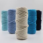 Bobbiny 3Ply Twisted Macrame Cotton Cord Dori (Each Color 3mm 50 Meter) Thread for Macrame DIY and Other Projects_Dark Sky Sky Firozi Black Off White.