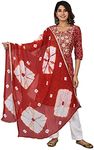 Vrnda Women's Cotton Indian Bandhej Print Straight Kurta Set Yoke Embroidery Red Kurti with White Pant & Dupatta Set Dress XL