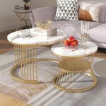 Zamofy Iron Frame Marble Finish Set of 2 Coffee Table Snackes Tea Table Stylish Sofa Center Table for Living Room Bedroom or Any Apartment (Golden & White)