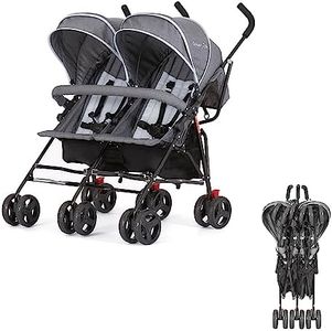 Dream On Me Volgo Twin Umbrella Stroller in Gray, Lightweight Double Stroller for Infant & Toddler, Compact Easy Fold, Large Storage Basket, Large and Adjustable Canopy