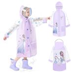 PALAY® Raincoat for Girls Cartoon Purple Princess Elsa Print EVA Raincoat Wide Brim Hood Rain Jacket with Backpack Rain Cover Knee Length Long Raincoat for School Girls 9-11 Years Old, Size XXL