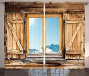 Ambesonne Shutters Decor Collection, Weathered Facade of A Mountain Hut with Mountain Reflection in The Window Picture, Living Room Bedroom Curtain 2 Panels Set, 108 X 84 Inches, Beige Blue Teal