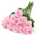 Dremisland 12PCS Artificial Rose Flowers 19" Tall Artificial Silk Flowers Realistic Roses Bouquet Long Stem Fake Silk Rose for Home Wedding Party Table Decor (Light Pink)