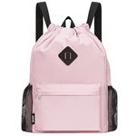 WANDF Drawstring Backpack Sports Gym Bag with Shoes Compartment, Water-Resistant String Backpack Cinch for Women Men (Pink,Large)