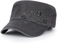 ililily Crystal/Black Gemstone Flower Vintage Military Army Hat Short Brimmed Cadet Cap, Dark Gray/Black