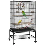 PawHut 43" Bird Cage for Budgies Cockatiels Canaries Lovebirds Finches with Rolling Stand, Toys, Removable Tray, Storage Shelf, Black