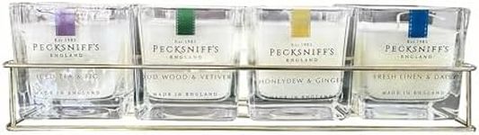 Pecksniff's Fragrance Gift Sets Luxurious, Handcrafted in England (4 Candles in Metal Caddy Set: Iced Tea & Fig, Oudwood Vetiver, Honeydew Ginger, Fresh Linen Daisy - Premium Single Wick Candles)