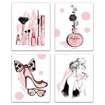 CREATCABIN 4pcs Unframed Pink Fashion Women Canvas Wall Art Print High Heels Flowers Perfume Makeup Home Decor Wall Art Modern Artwork for Dressing Room Bedroom Bathroom Home Girls Gift 8 x 10inch