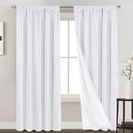 PrinceDeco 100% Blackout Linen Curtains 84 inch Long Rod Pocket Blackout Linen Curtains Panels with White Liner Energy Saving Curtains for Bedroom, Set of 2(52 x 84 Inch, Pearl White)