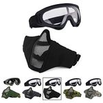 AOUTACC Airsoft Half Face Mesh Mask and Goggles Set for CS/Hunting/Paintball/Shooting (Black)