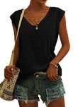 GUUKA 2024 Trendy Womens Cap Short Sleeve T-Shirt Casual V Neck Loose Fit Summer Basic Tank Tops Cute Blouse(Black,XL)