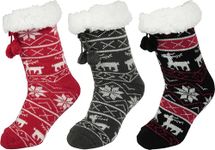 BenSorts Winter Thick Slipper Socks for Women Holiday Gift Warm Cozy Soft Fleece House Sherpa Socks Slipper Non Skid with Grippers Christmas Red Grey Black 3 Pairs